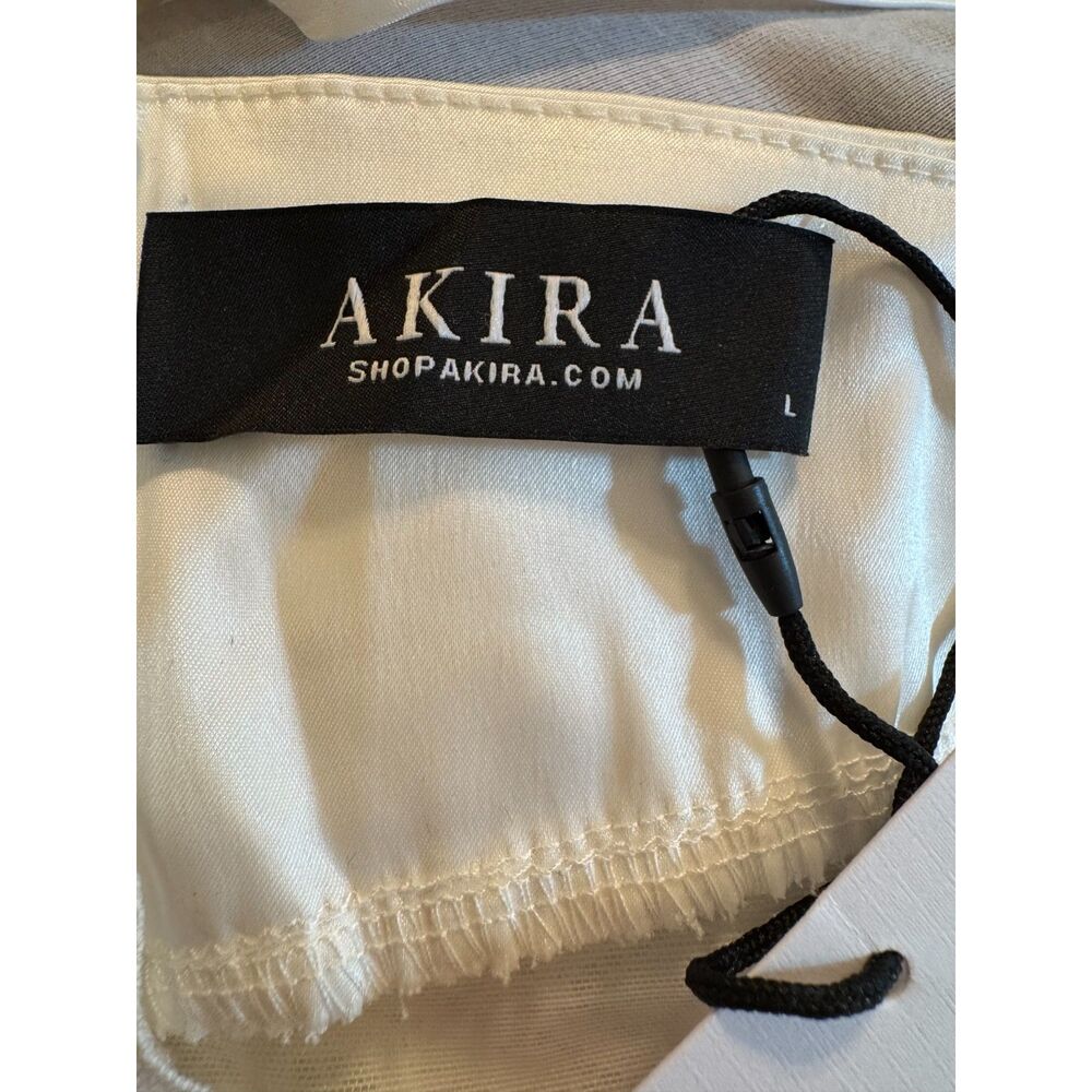 AKIRA White Satin Lace Mini Dress Ruffle Side Trains Bridal Prom Size L NWT - Picture 8 of 14
